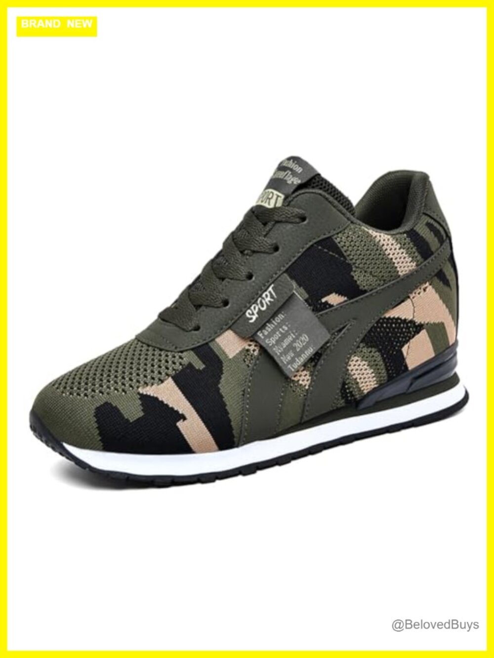 Women's Camouflage Platform Canvas Sneakers Hidden Wedge Mesh Lace-Up Walking